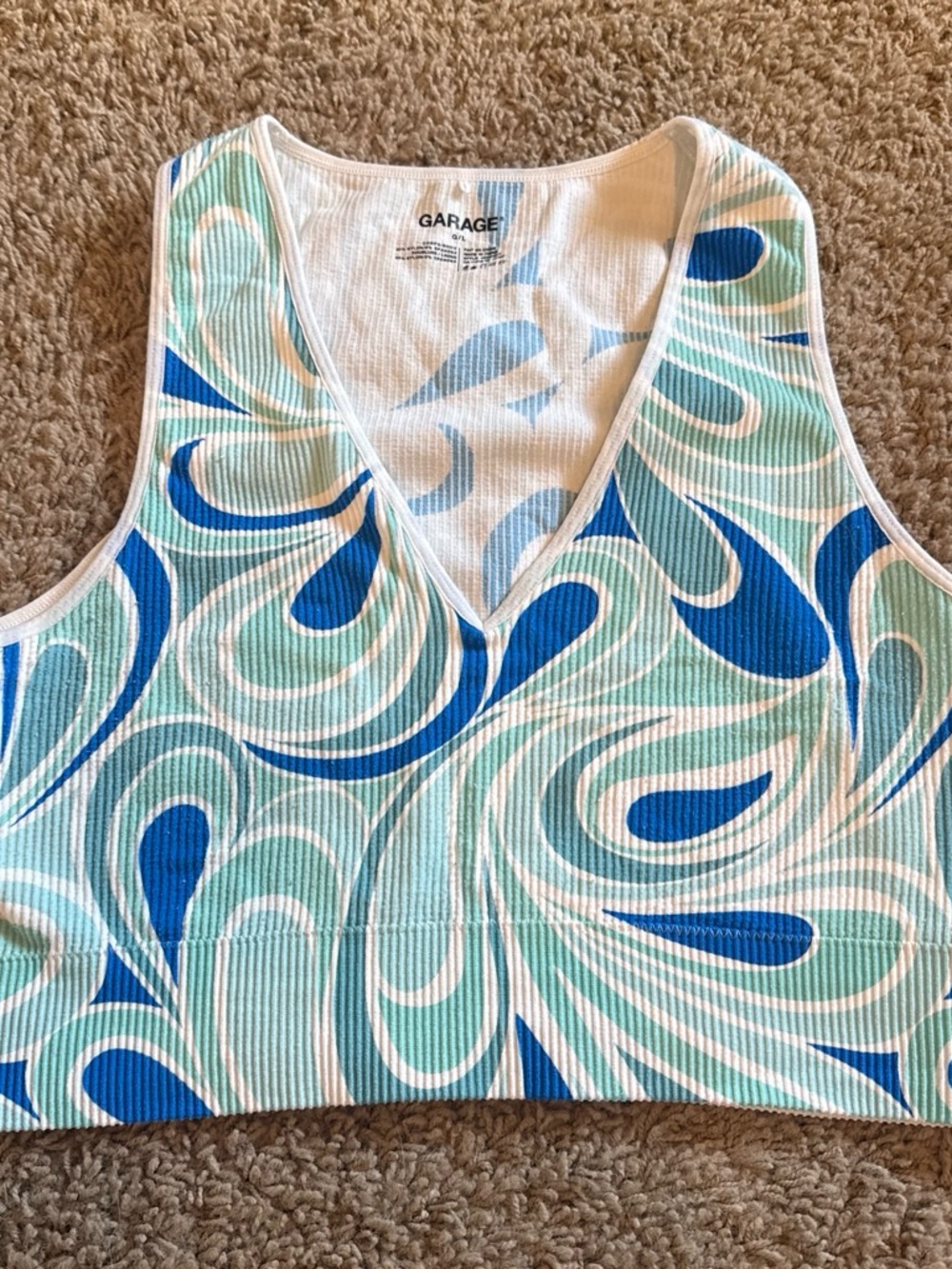 Garage Ribbed V-Neck Tank in White & Light Blue Print